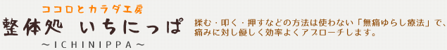 松戸市六実の『整体処 いちにっぱ ～ICHINIPPA～』揉む・叩く・押すなどの方法は使わない「スパイラル絆セラピー」で、痛みに対し優しく効率よくアプローチします。